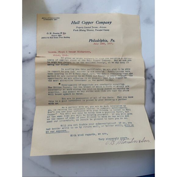 1909 & 1916 Hull Copper Co. Arizona Mining Stock Ephemera – Jerome AZ History - Picture 5 of 10